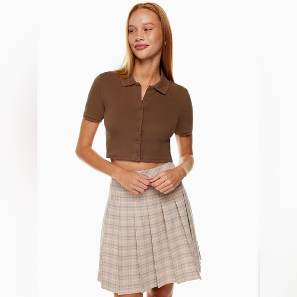Aritzia Sunday Best Audio Top Cropped Polo Medium Cognac Brown Short Sleeve - Picture 4 of 13